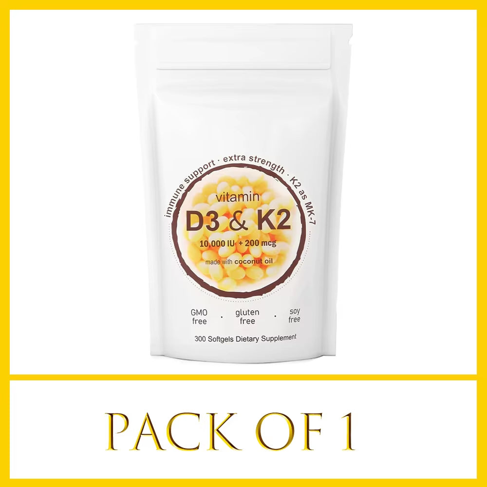 180/300 Vitamin D3 K2 Capsules with Coconut Oil - Vitamin D3 10000 Iu plus K2 (ML-7) 200 Mcg, 300 Virgin Coconut Oil Softgels