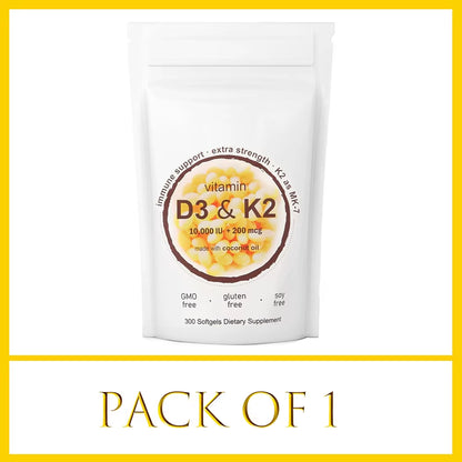 180/300 Vitamin D3 K2 Capsules with Coconut Oil - Vitamin D3 10000 Iu plus K2 (ML-7) 200 Mcg, 300 Virgin Coconut Oil Softgels