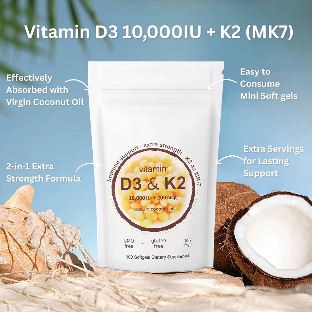 180/300 Vitamin D3 K2 Capsules with Coconut Oil - Vitamin D3 10000 Iu plus K2 (ML-7) 200 Mcg, 300 Virgin Coconut Oil Softgels