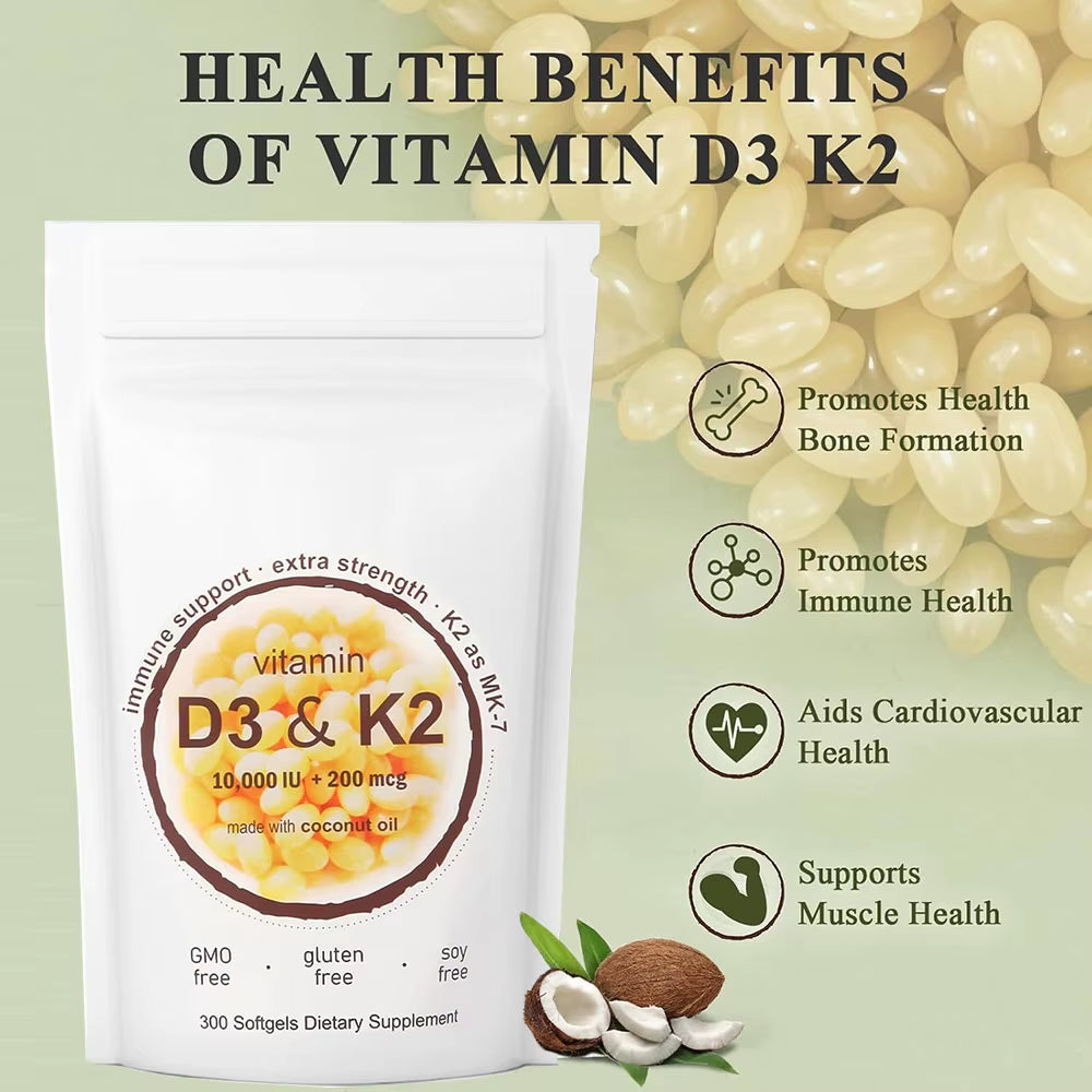 180/300 Vitamin D3 K2 Capsules with Coconut Oil - Vitamin D3 10000 Iu plus K2 (ML-7) 200 Mcg, 300 Virgin Coconut Oil Softgels