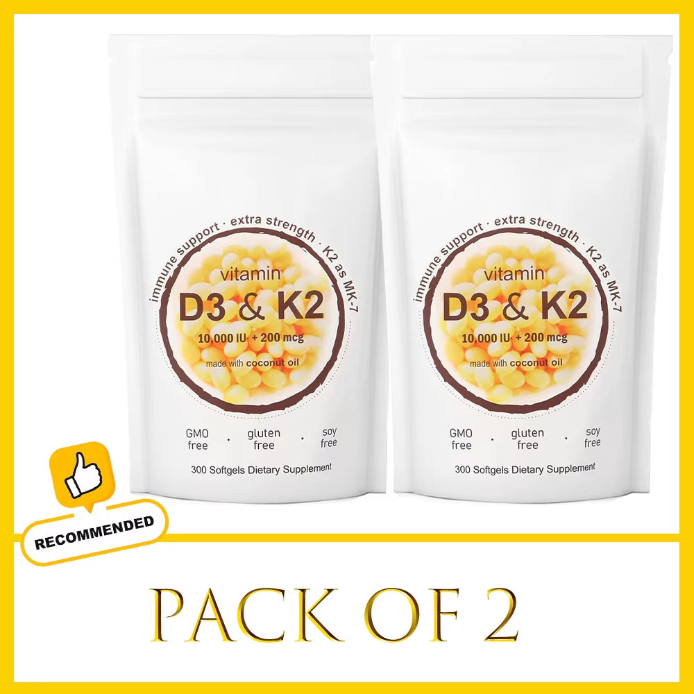 180/300 Vitamin D3 K2 Capsules with Coconut Oil - Vitamin D3 10000 Iu plus K2 (ML-7) 200 Mcg, 300 Virgin Coconut Oil Softgels