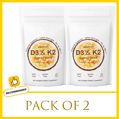 180/300 Vitamin D3 K2 Capsules with Coconut Oil - Vitamin D3 10000 Iu plus K2 (ML-7) 200 Mcg, 300 Virgin Coconut Oil Softgels