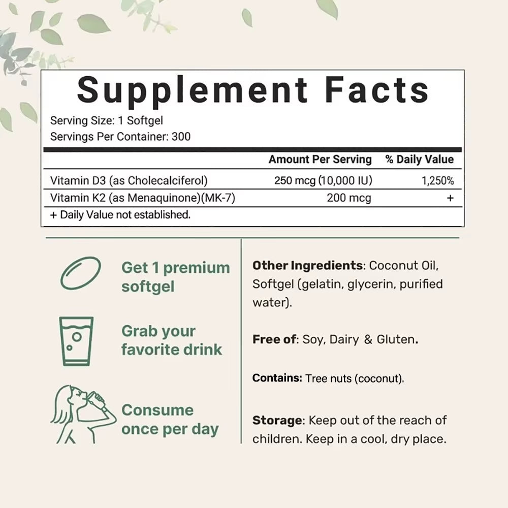 180/300 Vitamin D3 K2 Capsules with Coconut Oil - Vitamin D3 10000 Iu plus K2 (ML-7) 200 Mcg, 300 Virgin Coconut Oil Softgels