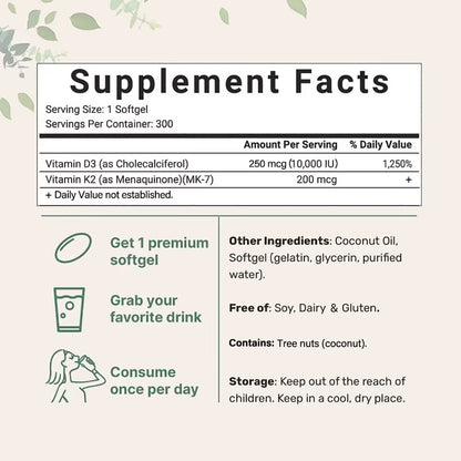 180/300 Vitamin D3 K2 Capsules with Coconut Oil - Vitamin D3 10000 Iu plus K2 (ML-7) 200 Mcg, 300 Virgin Coconut Oil Softgels