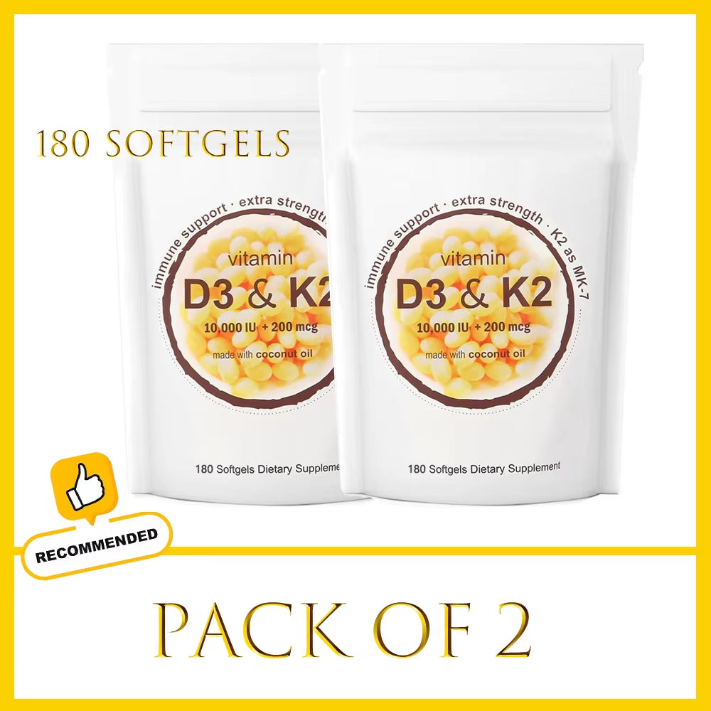 180/300 Vitamin D3 K2 Capsules with Coconut Oil - Vitamin D3 10000 Iu plus K2 (ML-7) 200 Mcg, 300 Virgin Coconut Oil Softgels