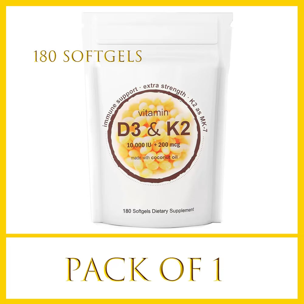 180/300 Vitamin D3 K2 Capsules with Coconut Oil - Vitamin D3 10000 Iu plus K2 (ML-7) 200 Mcg, 300 Virgin Coconut Oil Softgels