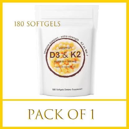180/300 Vitamin D3 K2 Capsules with Coconut Oil - Vitamin D3 10000 Iu plus K2 (ML-7) 200 Mcg, 300 Virgin Coconut Oil Softgels